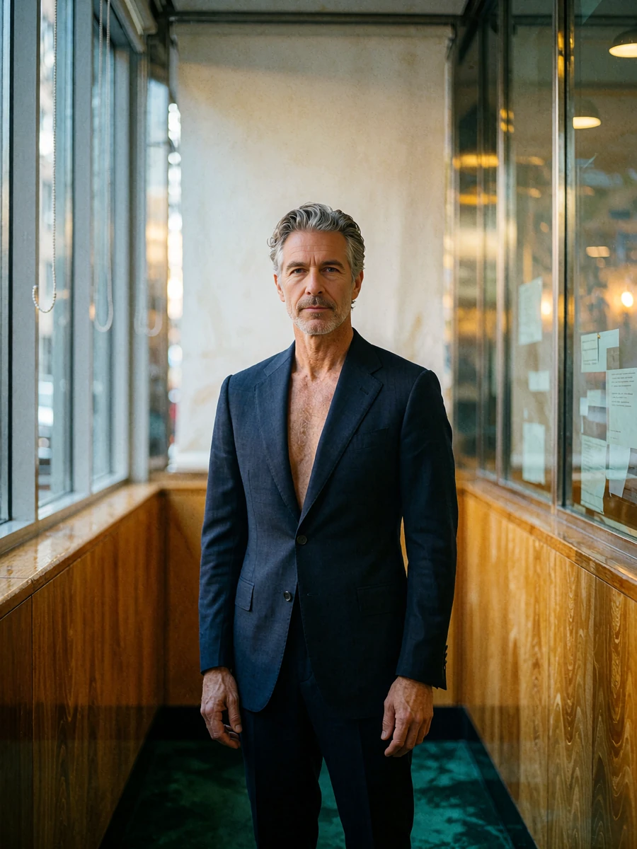 Distinguished man in a navy suit in a high-floor Chicago office corridor, illustrative demo benefactor profile
