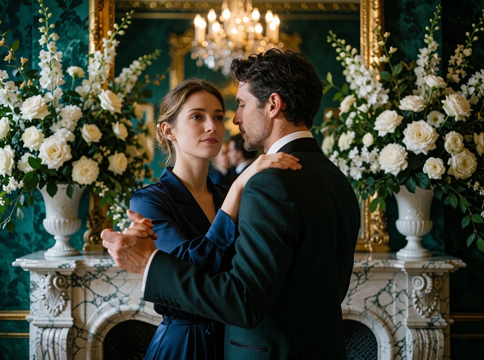 Couple in evening wear sharing a slow dance in a marble ballroom lit by chandeliers