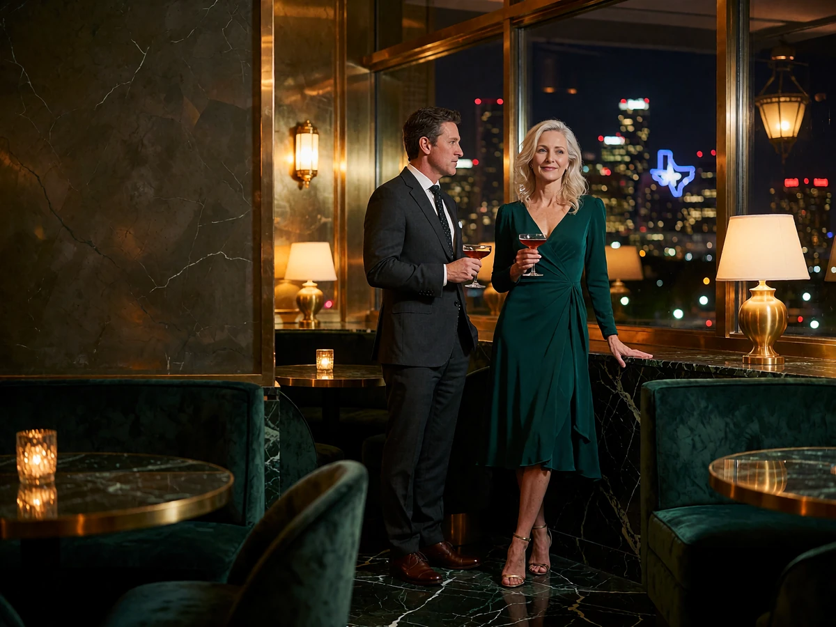 Elegant couple in evening attire sharing a relaxed conversation over coupe glasses in a private Dallas penthouse lounge at night