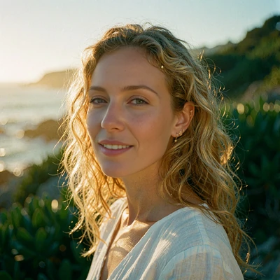 Portrait of a woman with sun-lightened wavy hair on a bright San Diego coastline, illustrative scenario avatar