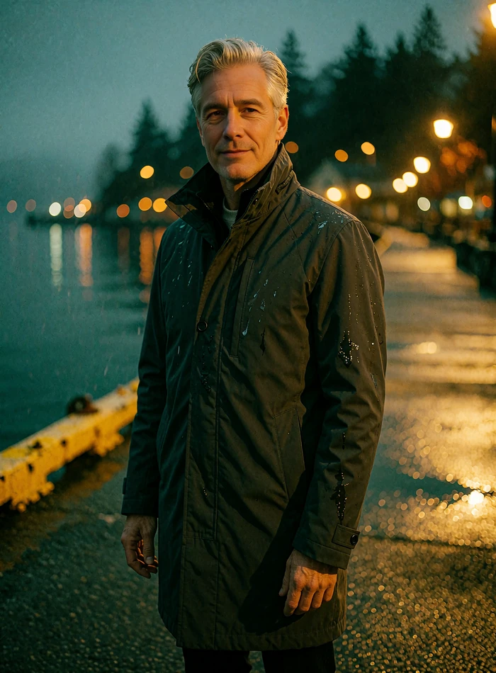 Distinguished man in a dark overcoat on a Seattle waterfront promenade at dusk, illustrative sugar daddy profile
