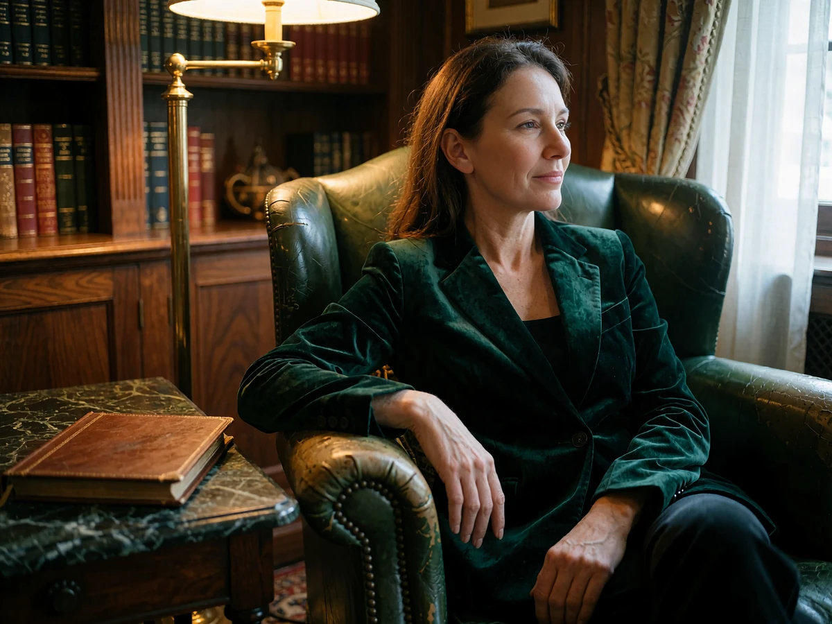 Poised woman in a tailored velvet blazer seated in a leather armchair inside a private club library