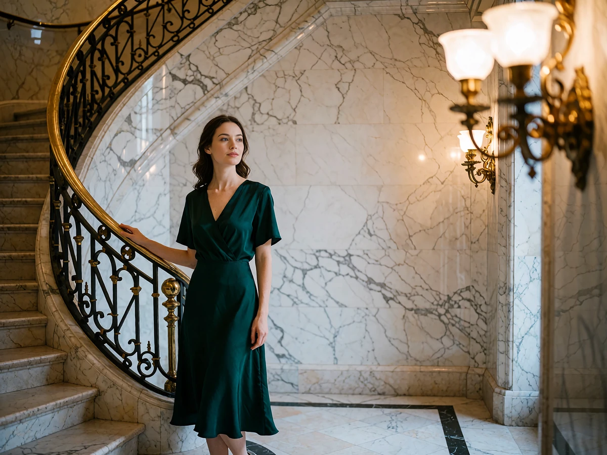 Elegant woman in an emerald satin dress standing near a marble staircase in a grand Chicago hotel foyer