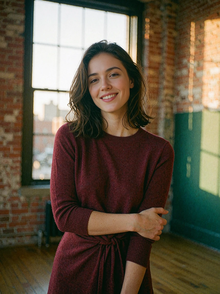 Dark-haired woman in a burgundy knit dress in a sunlit Denver loft, illustrative sugar baby profile