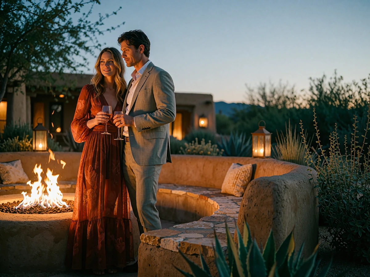 Couple standing beside a resort fire pit at nightfall in Scottsdale, the woman in a rust evening dress