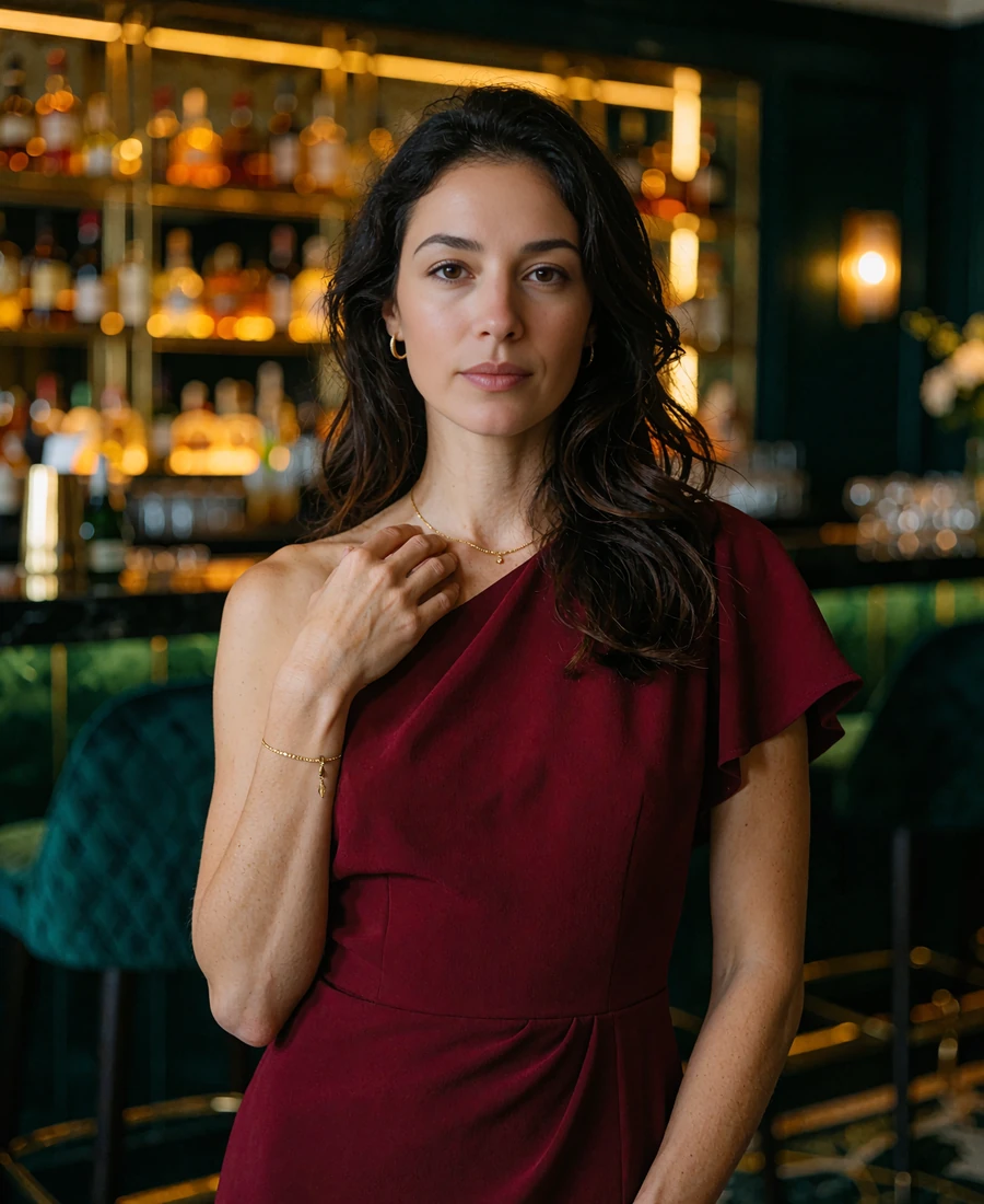 Woman with long dark waves in a deep ruby cocktail dress in a dim Houston hotel bar, demo member portrait