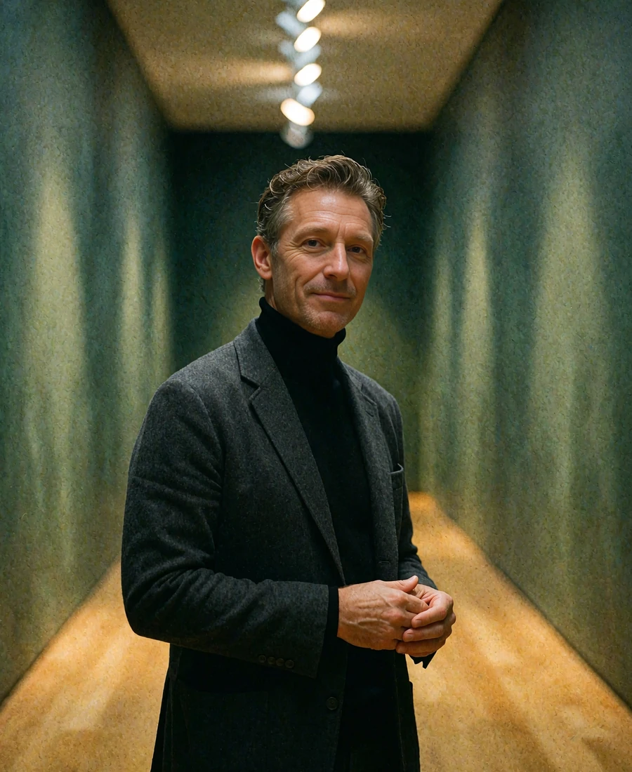 Man in a charcoal turtleneck standing in a private gallery corridor, an illustrative verified benefactor profile portrait