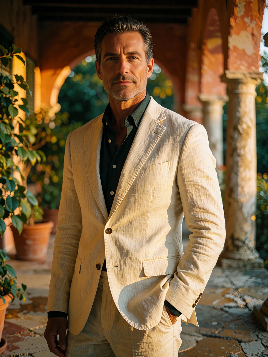 Man in a cream linen suit walking a resort colonnade in Orlando, illustrative sugar daddy profile portrait