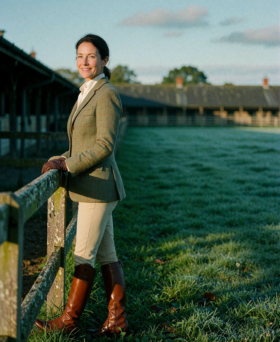 Woman in a tweed blazer and riding boots at an equestrian club paddock, demo cougar dating profile photo