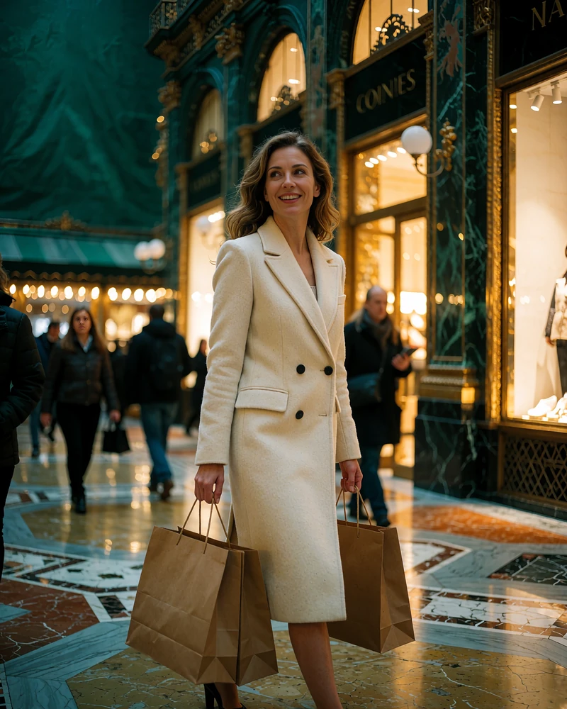 Stylish woman in a cream coat carrying shopping bags and smiling in a marble luxury shopping arcade