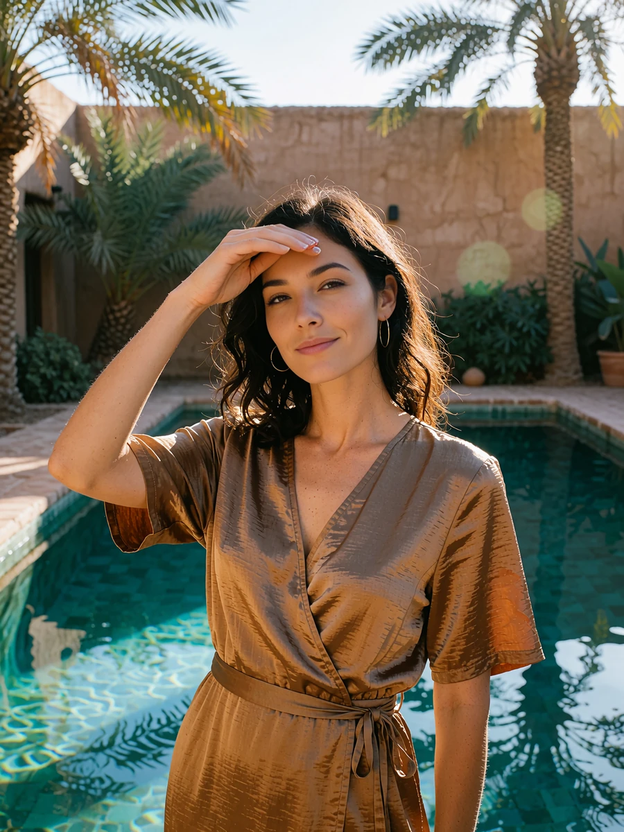 Woman in a bronze wrap dress beside a resort pool in Phoenix at late afternoon, demo member portrait