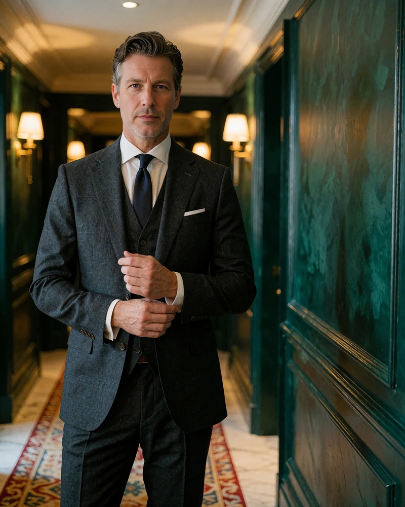 Confident man in a tailored charcoal three-piece suit adjusting his cuff in a dark green panelled hotel corridor