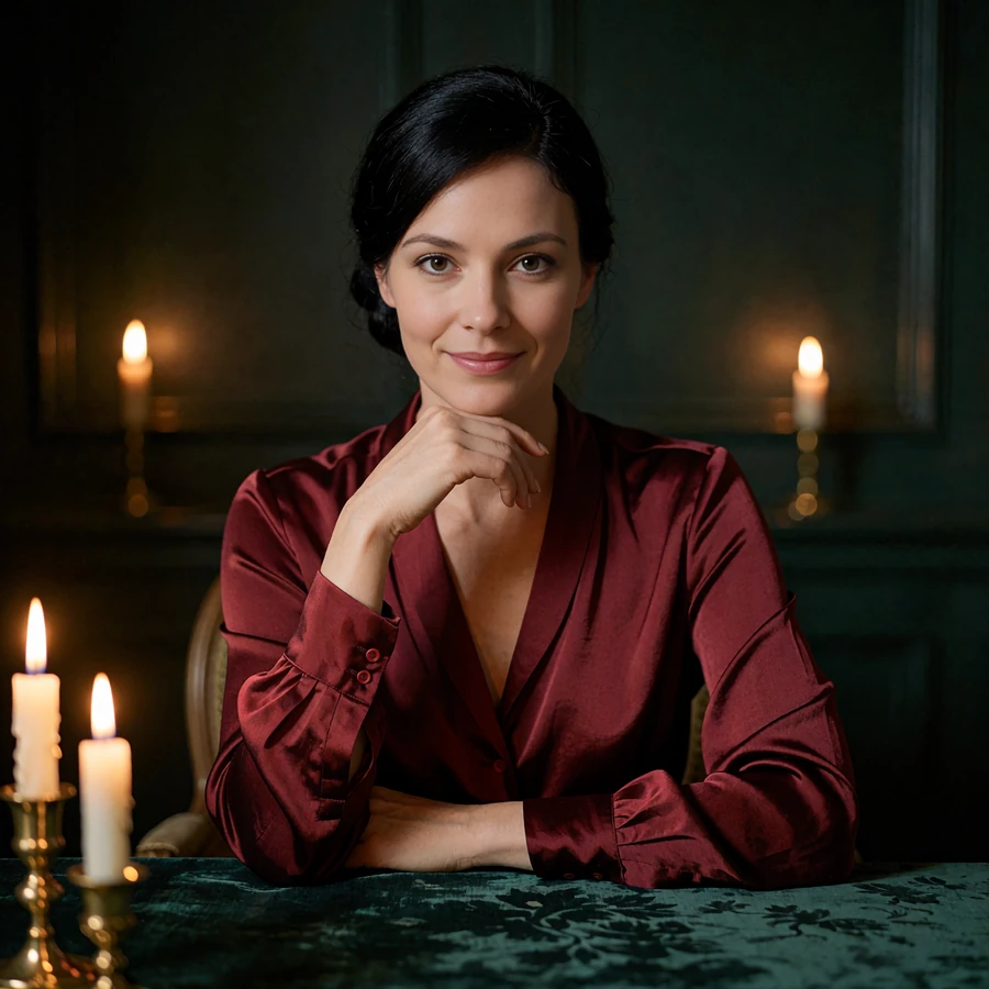 Woman in a wine-red silk blouse at a candlelit private dining table, demo profile card on a sugar dating platform