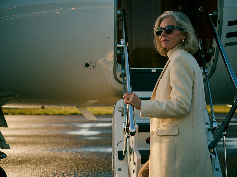 Elegant woman in a cream tailored coat pausing on the airstair of a private jet at dusk
