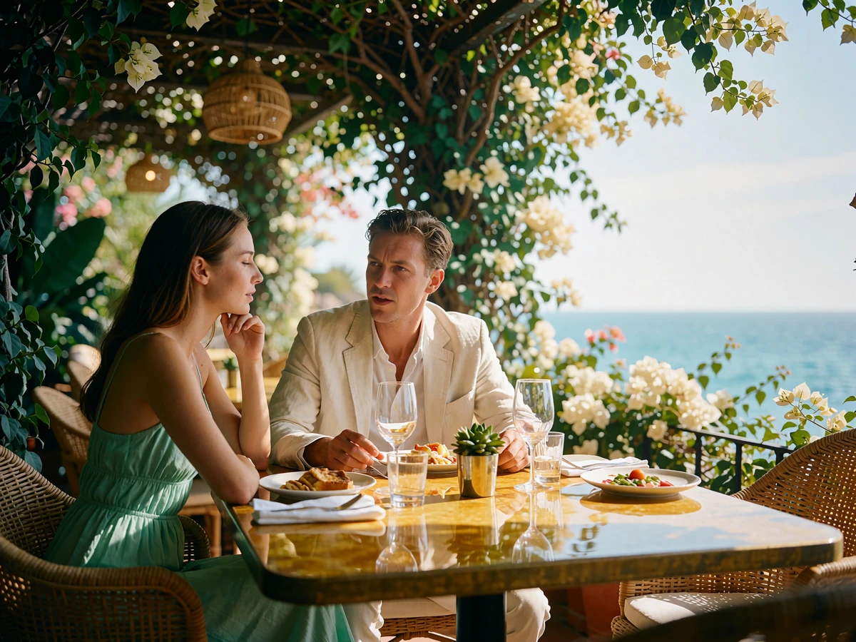 Couple sharing a late brunch at a shaded coastal terrace table in San Diego with the ocean in the background
