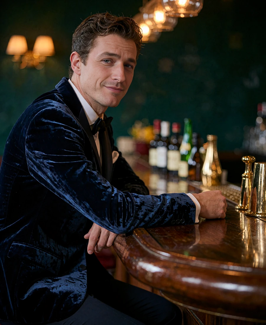Man in a midnight-blue velvet jacket seated at a dim jazz bar counter, demo sugar mama dating profile