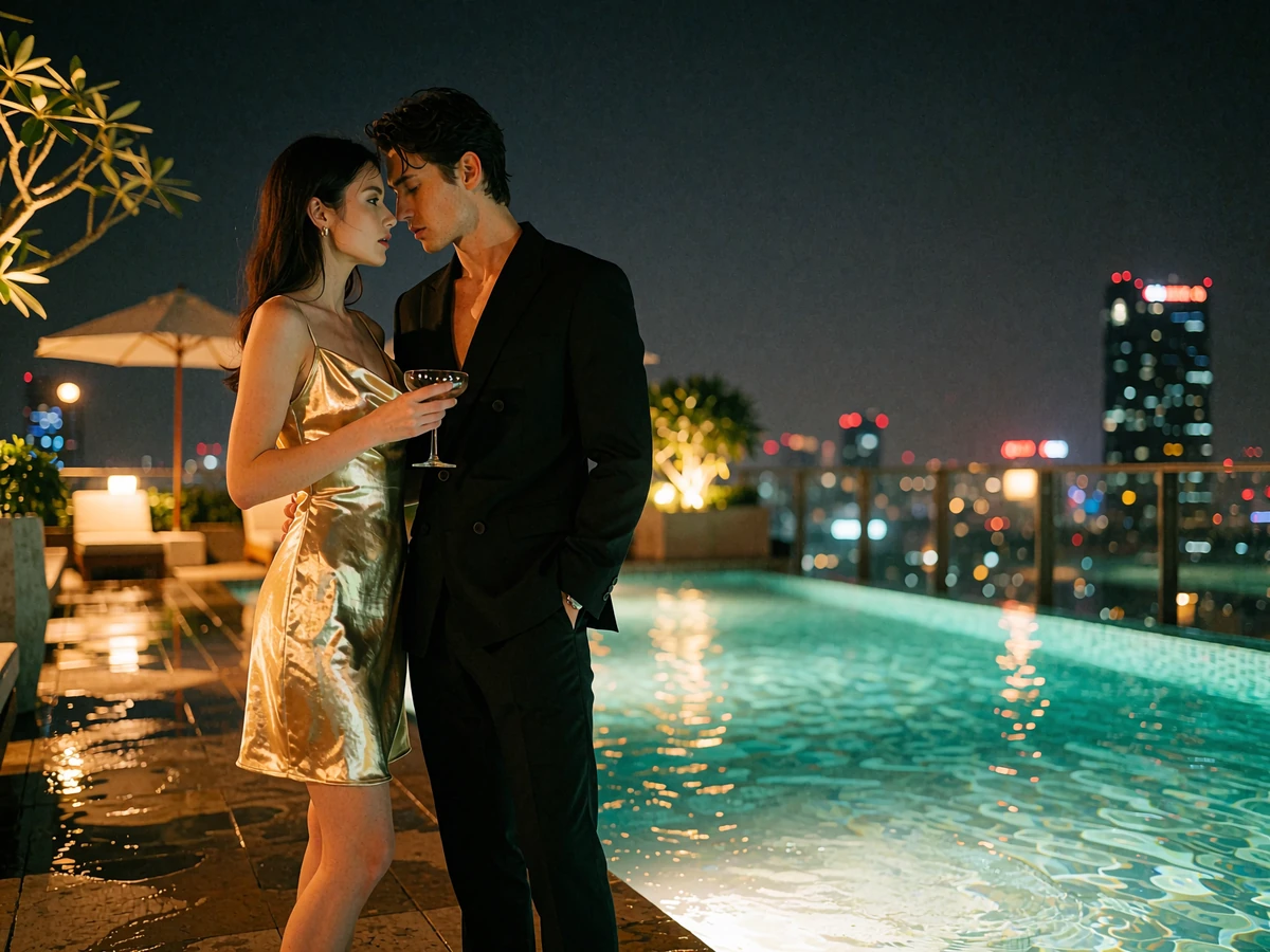 Couple beside a glowing rooftop pool at night in Miami, the woman in a metallic gold cocktail dress holding a coupe glass