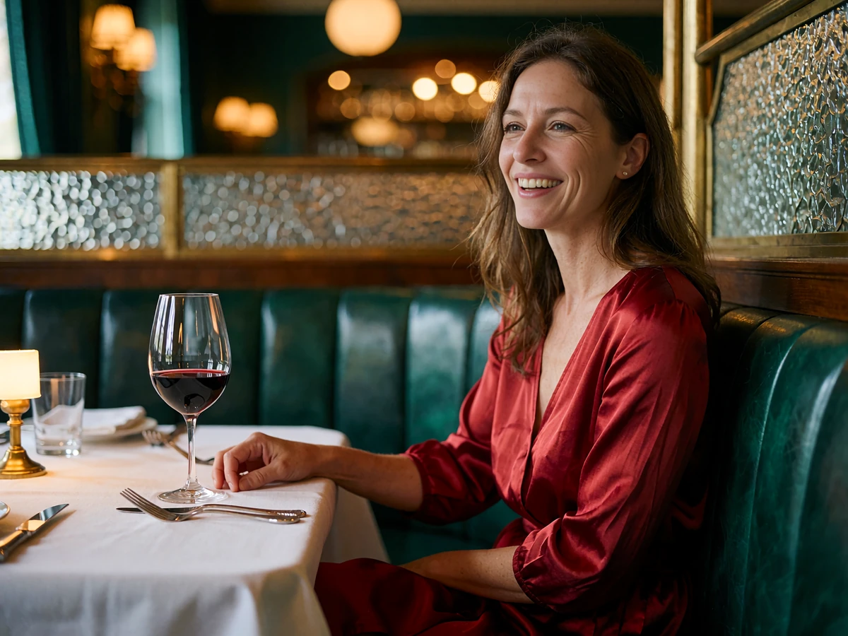 Woman in a deep red silk dress laughing over wine at an upscale Dallas steakhouse banquette