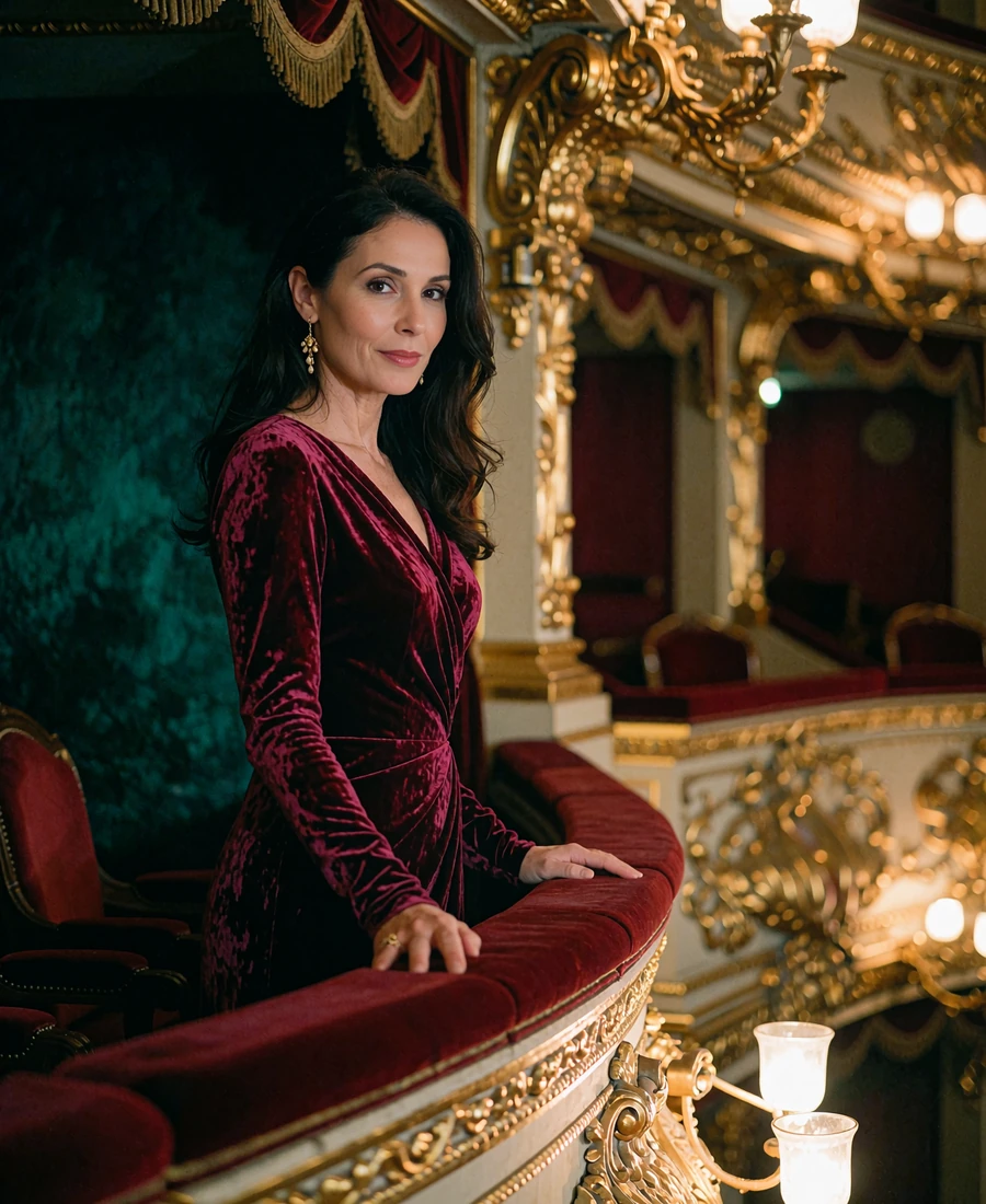 Glamorous woman in a ruby velvet gown standing in a theatre box before a performance, illustrative profile portrait