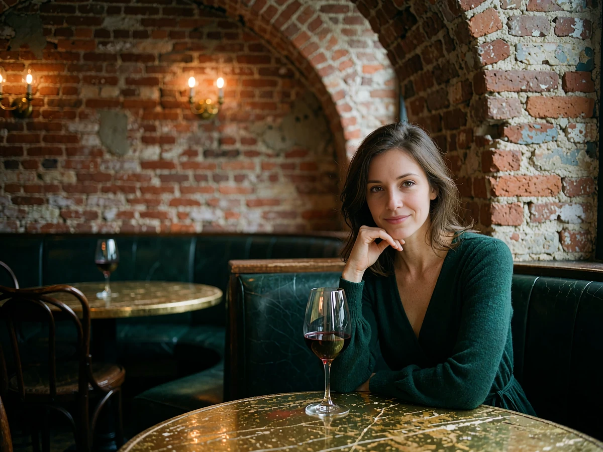 Woman in a deep green wrap dress seated in a leather booth at an intimate brick-walled Columbus wine bar