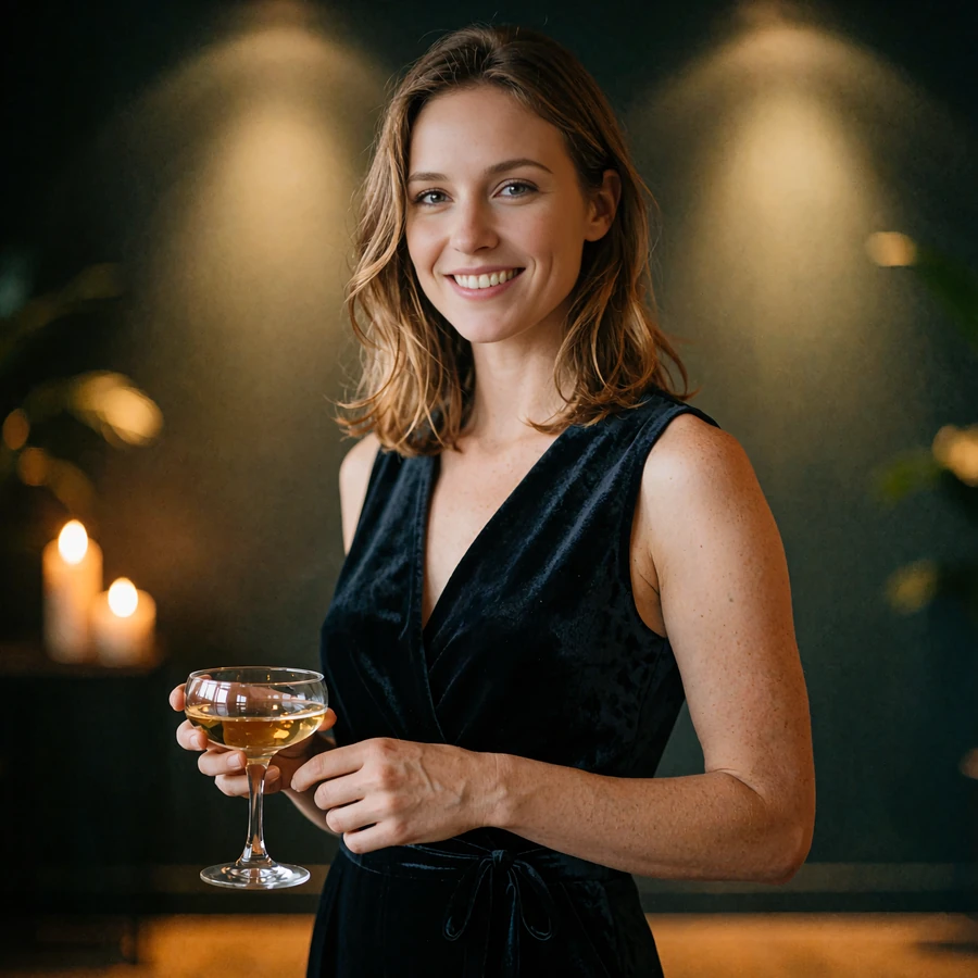 Woman in a navy evening jumpsuit at a private gallery reception holding a coupe glass, illustrative member portrait