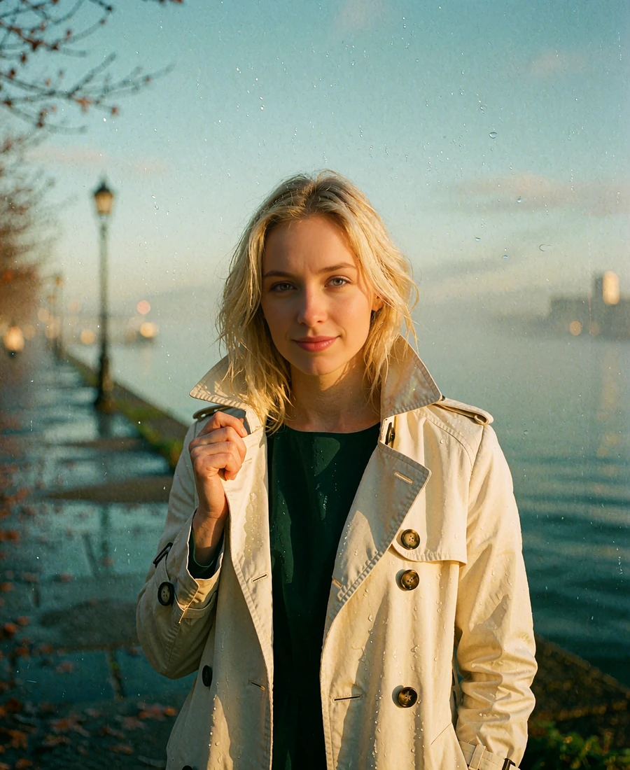 Blonde woman in an ivory trench coat on a misty Seattle waterfront walkway, demo profile portrait