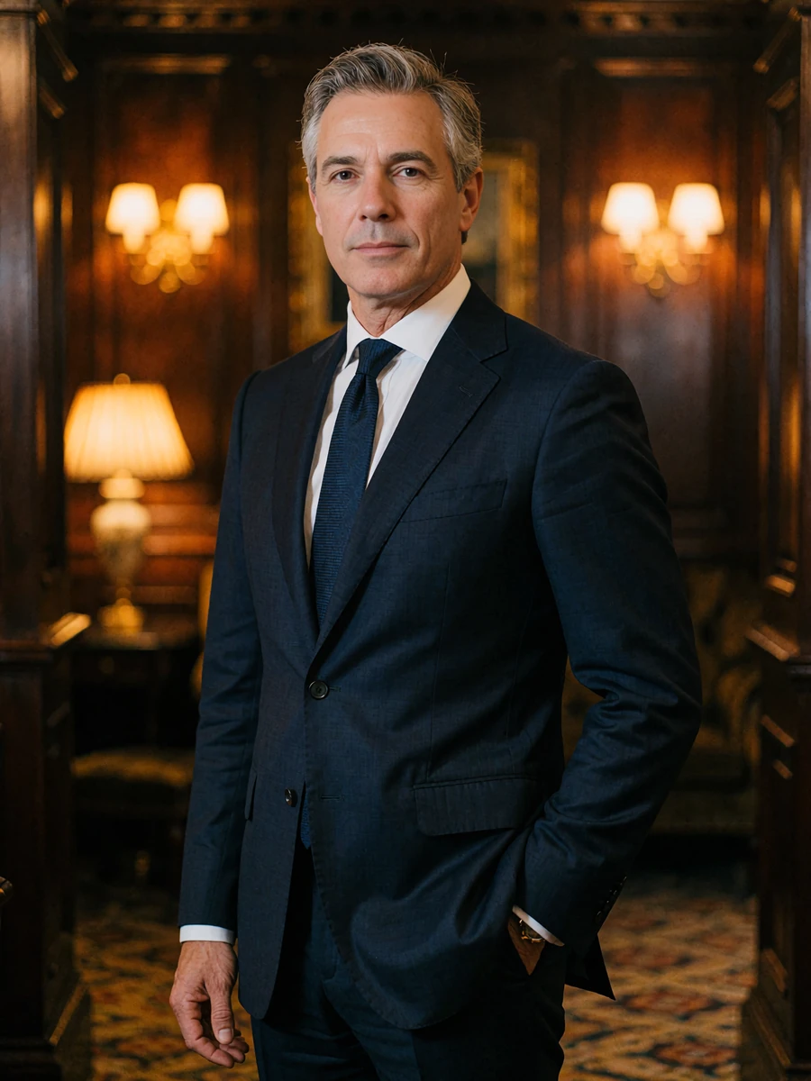 Distinguished man with greying temples in a navy suit standing in a dark-panelled Houston club lounge, demo benefactor portrait