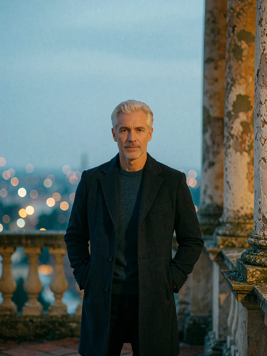 Silver-haired man in a dark overcoat standing on a terrace at dusk in Houston, illustrative benefactor profile photo