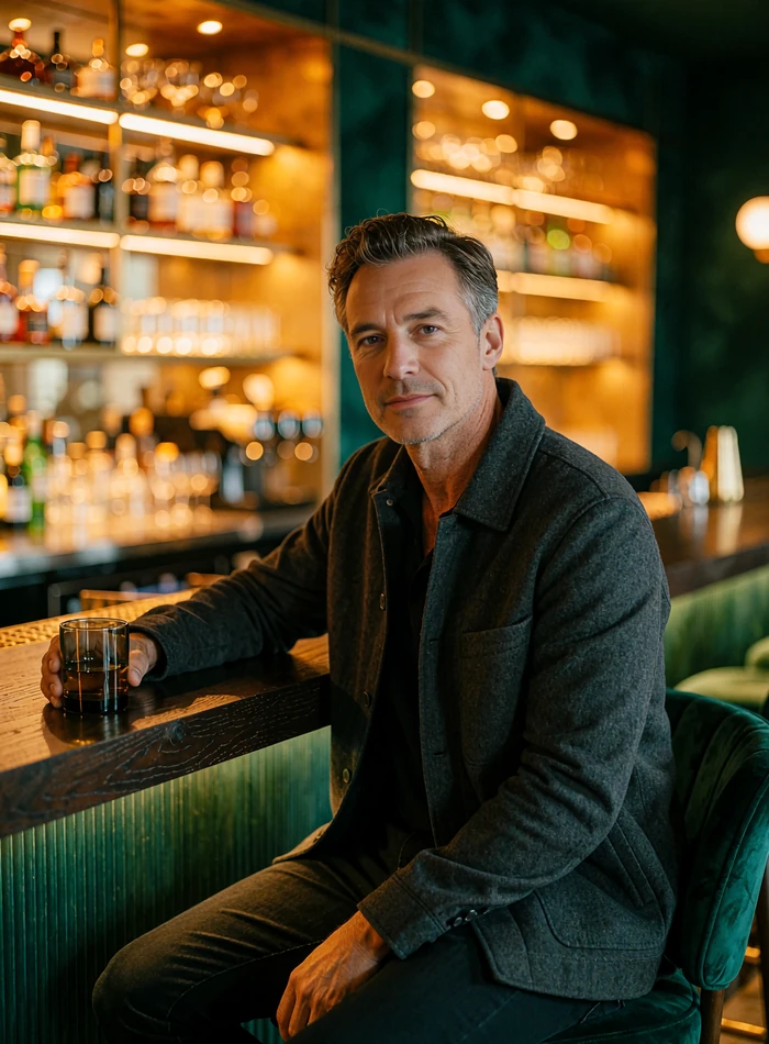 Man in a charcoal jacket seated at a dark timber bar in Seattle, illustrative verified benefactor profile