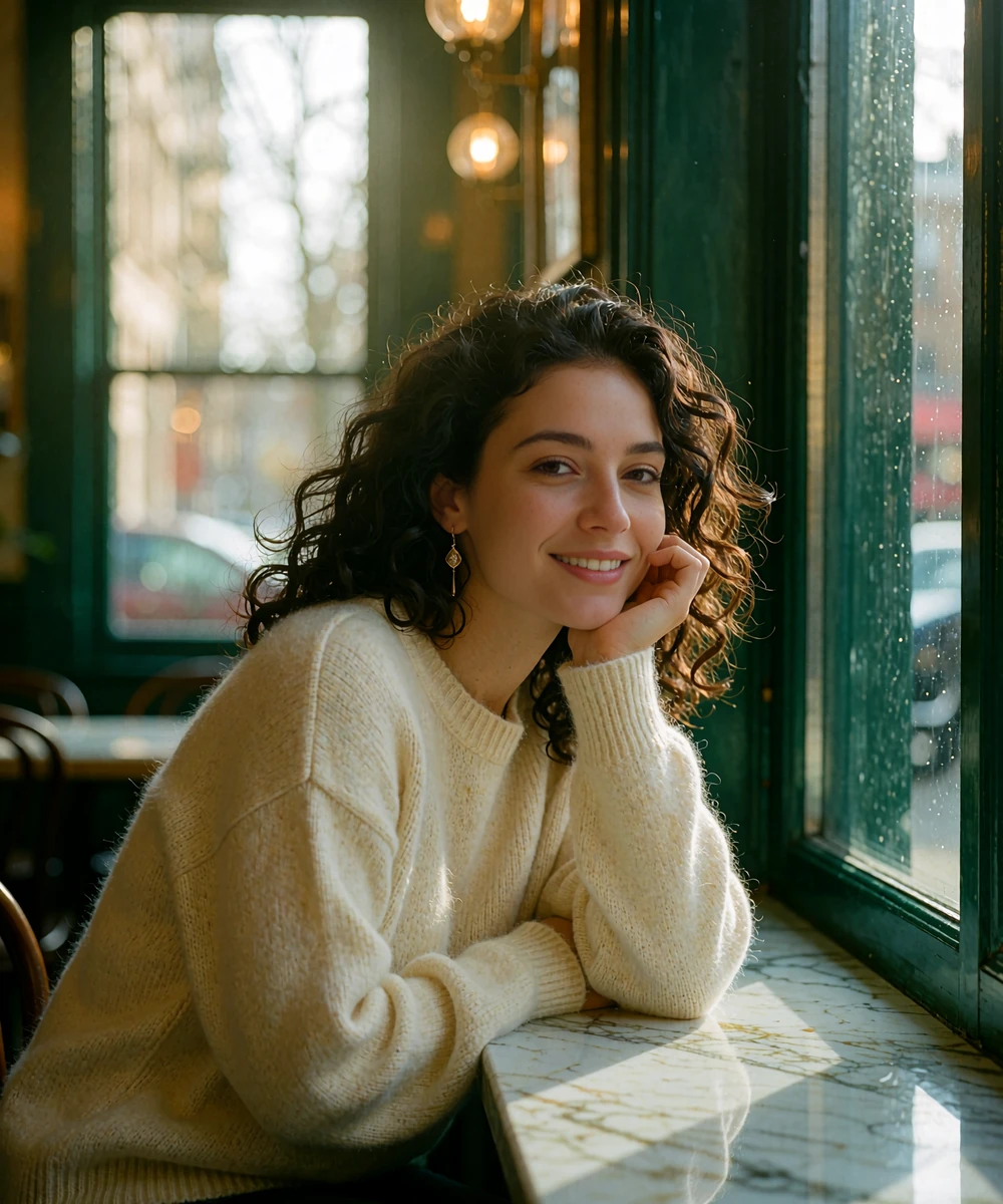 Woman in a cream cashmere sweater smiling at a marble café table beside a tall window, an illustrative sugar baby member portrait