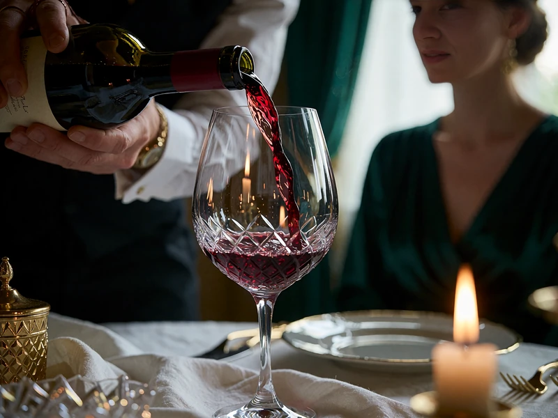 Sommelier pouring deep red wine into a crystal glass at a candlelit restaurant table