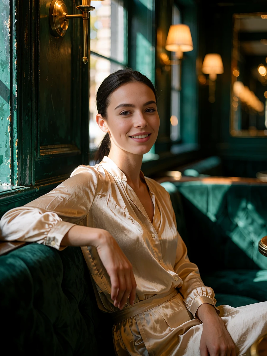 Woman in a champagne silk blouse on a velvet banquette in a Broad Ripple lounge, illustrative member profile