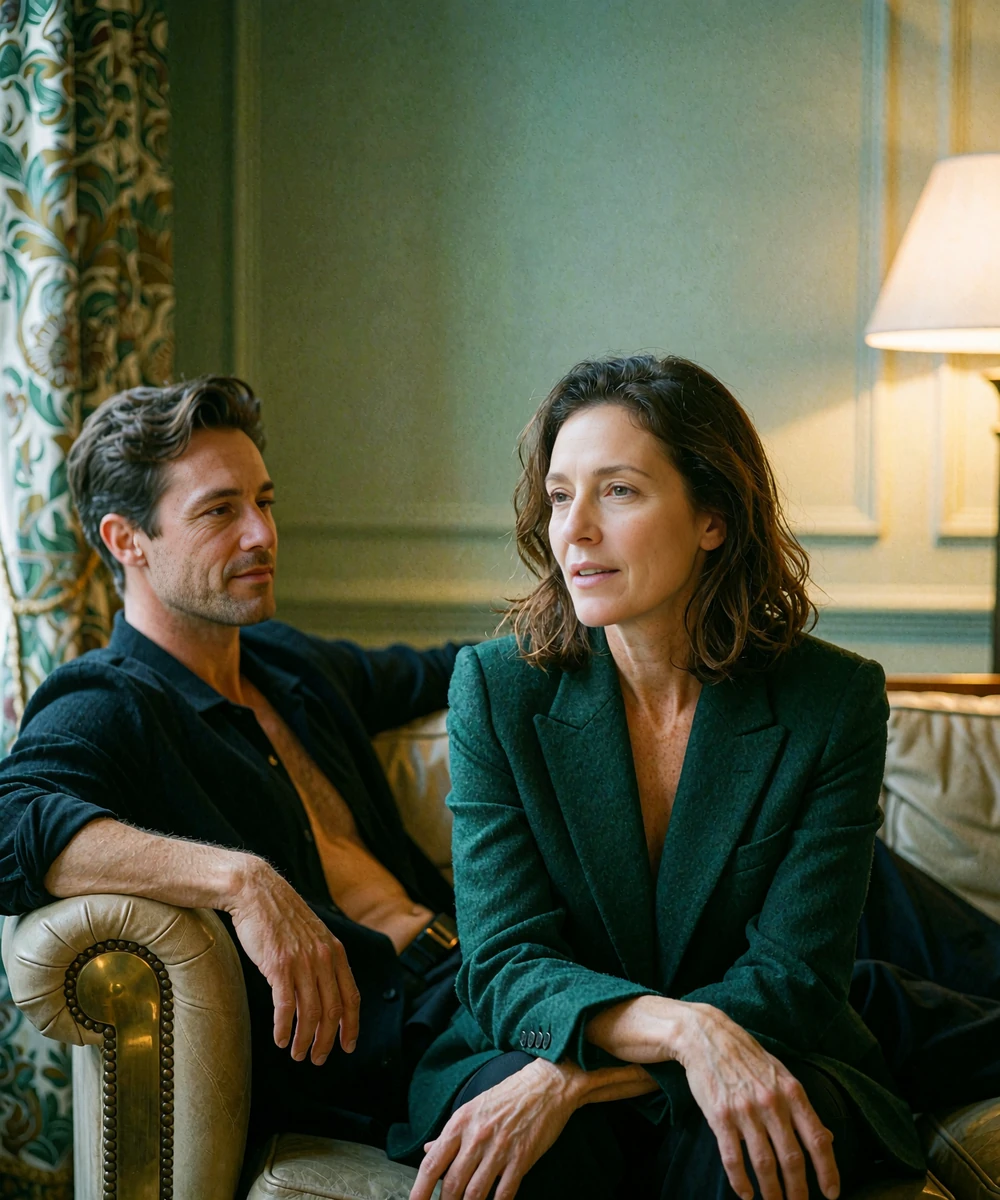 Woman in an emerald blazer and younger man in an open-collar shirt sitting together on a hotel lounge sofa, mid-conversation