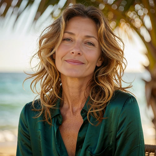 Close portrait of a sun-kissed woman with caramel waves in an emerald silk blouse, illustrative Key Biscayne member avatar