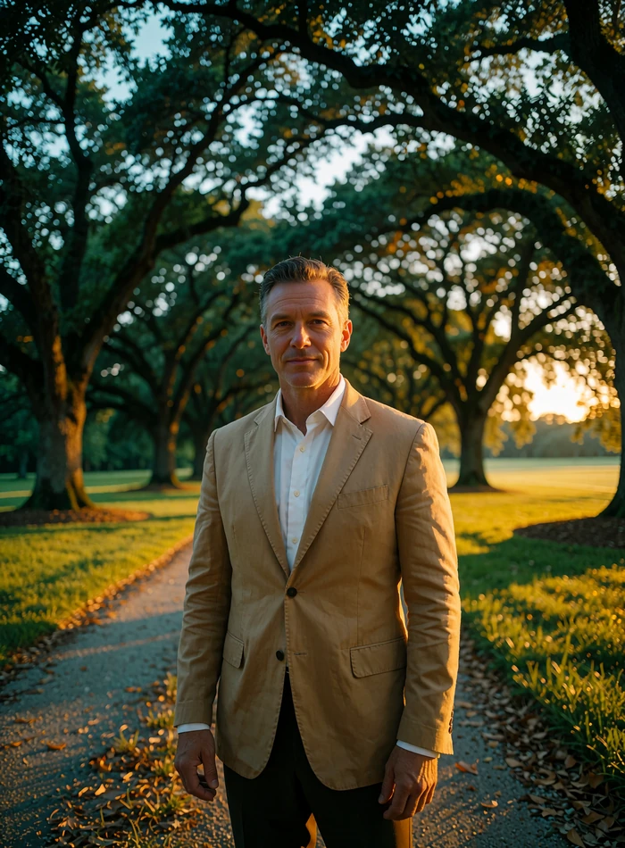 Man in a tan blazer at a private oak-lined drive at golden hour near Dallas, illustrative benefactor profile