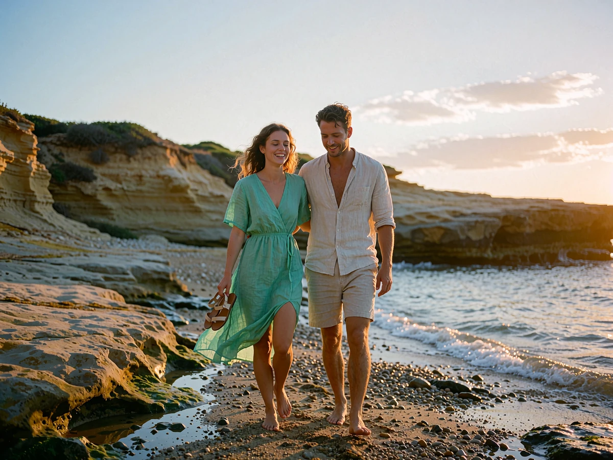 Couple walking barefoot along a rocky San Diego cove at sunset, the woman in an emerald summer dress holding her sandals