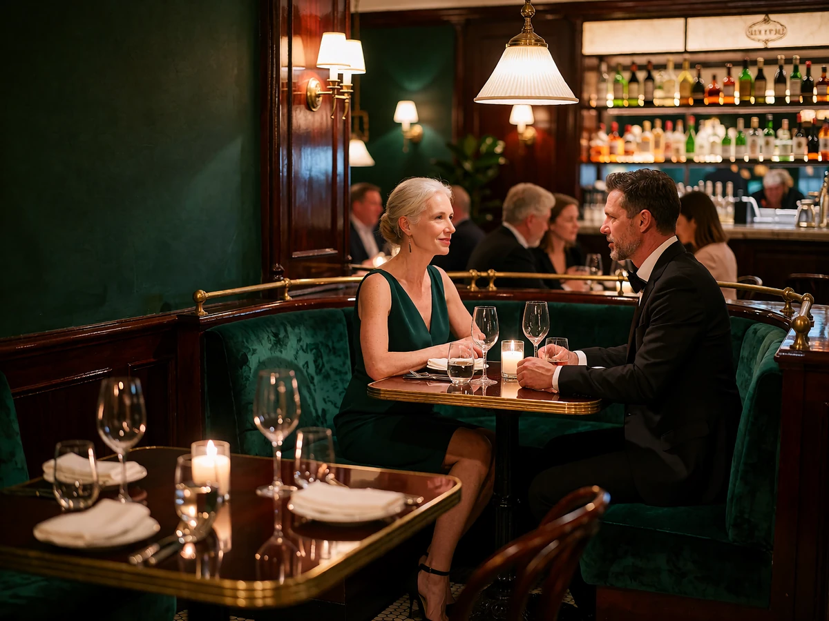 Elegant couple sharing a candlelit dinner conversation at an upscale Midtown Manhattan restaurant table