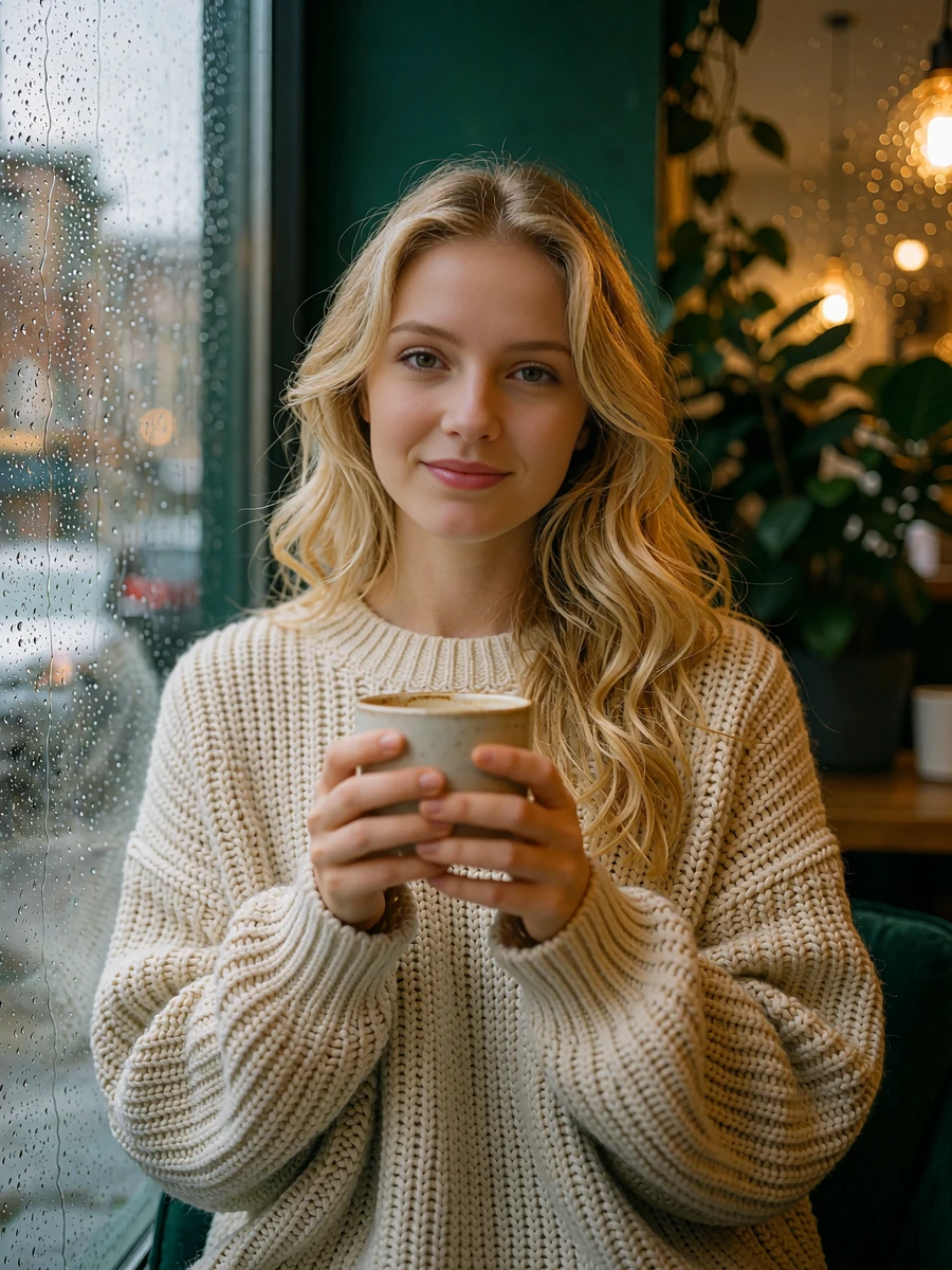 Blonde woman in a cream knit sweater in a Portland café, illustrative sugar baby profile portrait