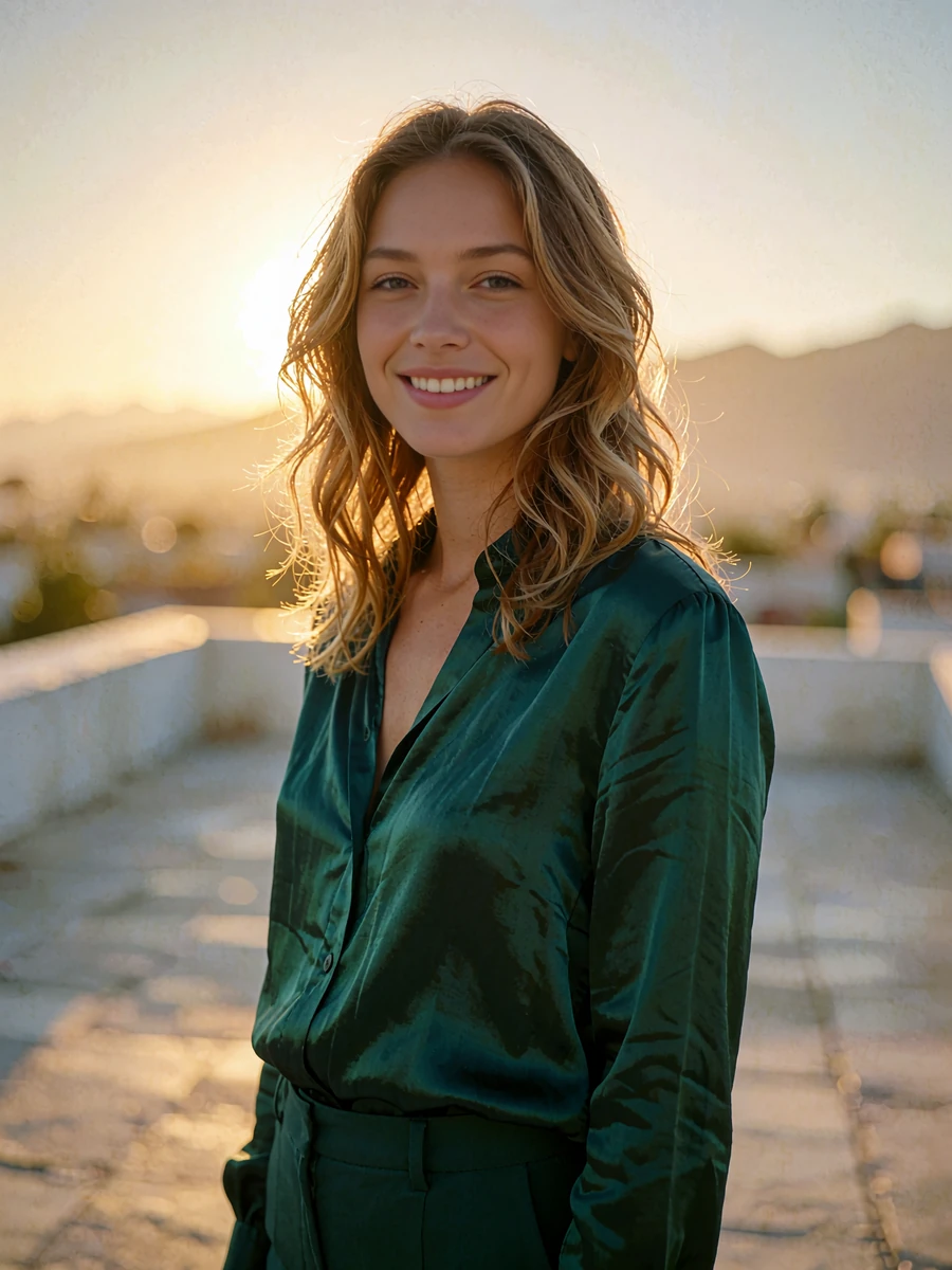 Woman with wavy light-brown hair in an emerald silk blouse on a Denver rooftop terrace at golden hour, illustrative profile