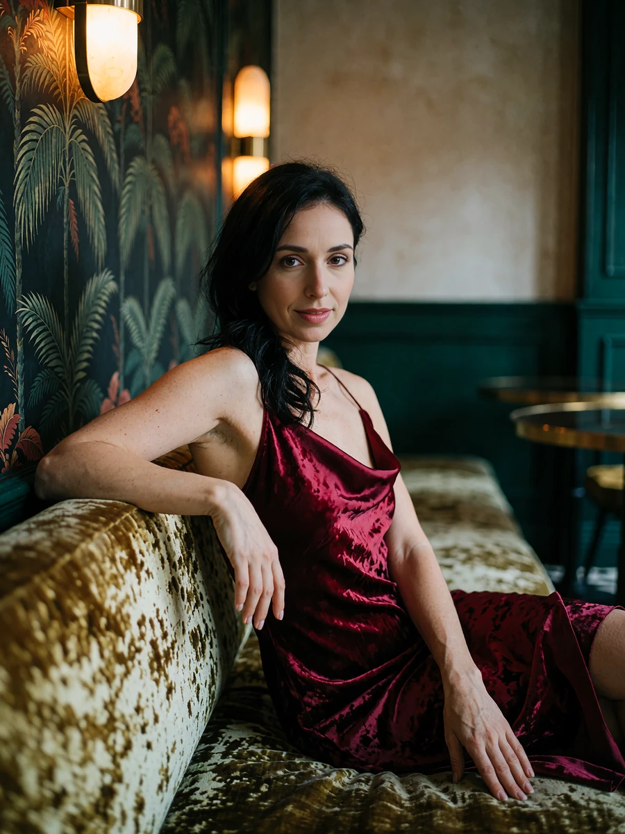 Woman in a deep ruby satin dress seated on a velvet lounge banquette, illustrative Miami member portrait