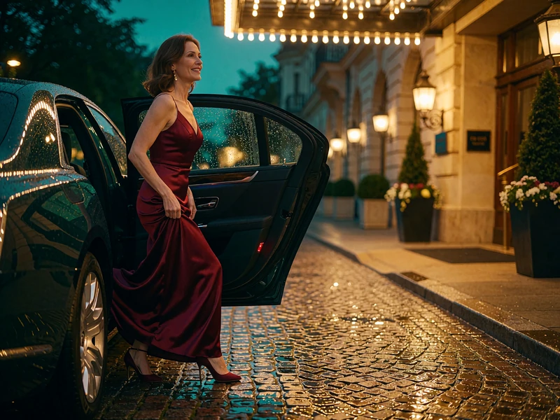 Woman in a burgundy gown stepping out of a luxury sedan at a hotel entrance at night