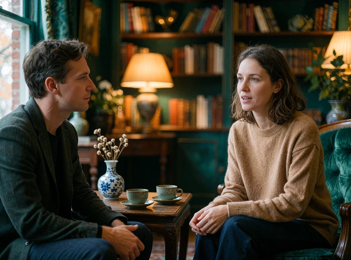 Man and woman in facing leather armchairs having a relaxed conversation in a hotel library lounge