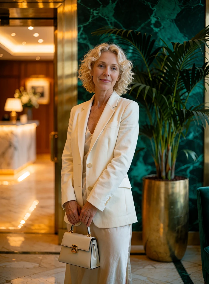 Woman in a tailored cream blazer in a boutique Orlando hotel lobby, illustrative sugar baby profile