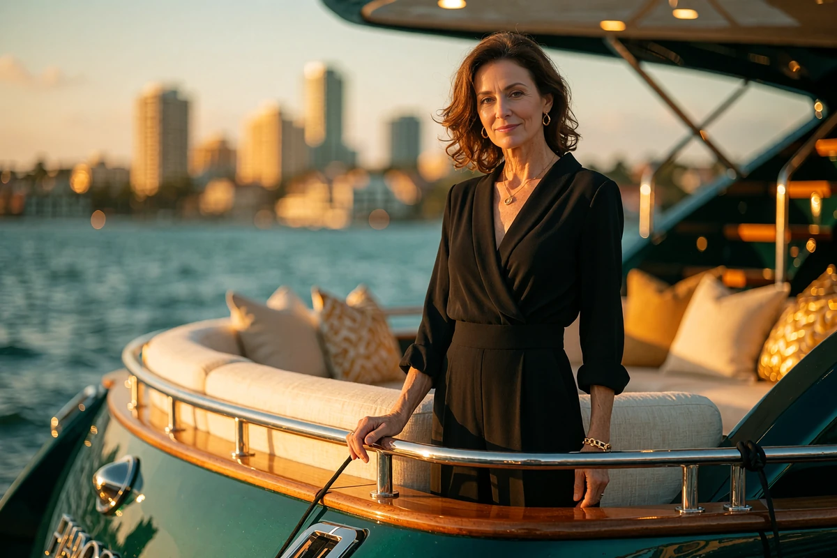 Elegant woman in her forties in a black jumpsuit standing on the deck of a moored yacht at golden hour in Miami