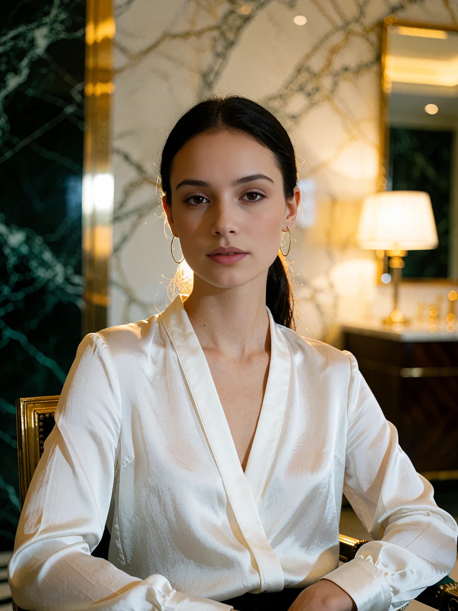 Woman with a sleek ponytail in a white silk blouse in a marble San Antonio hotel interior, illustrative profile