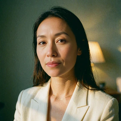 Portrait of a woman in an ivory blazer in soft interior light, illustrative Atlanta scenario avatar