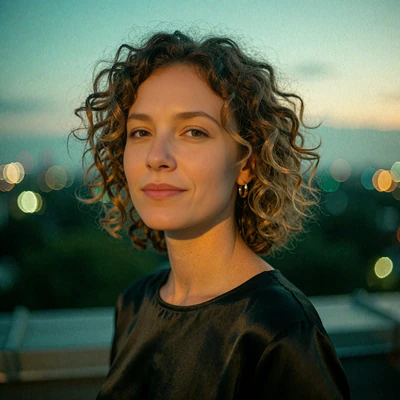 Portrait of a young woman with curls on a rooftop at dusk, illustrative Atlanta scenario avatar