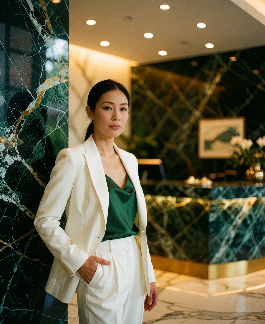 Woman with sleek dark hair in a crisp white tailored suit in a modern Houston lobby, illustrative sugar baby profile