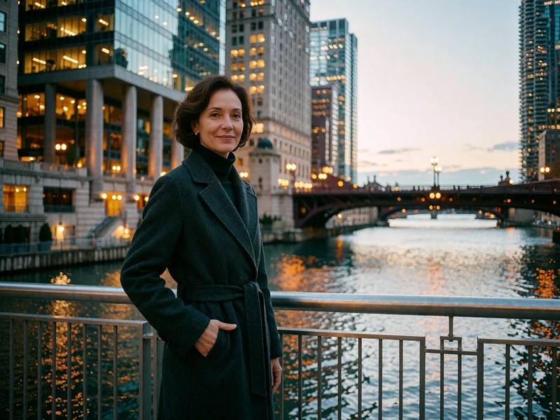 Elegant woman in a charcoal coat smiling on a riverside promenade in Chicago at dusk