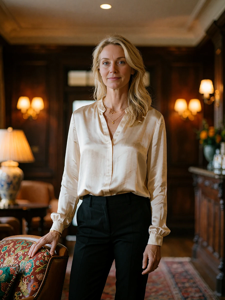 Poised blonde woman in a cream silk blouse standing in a warmly lit Dallas hotel lobby, demo member portrait